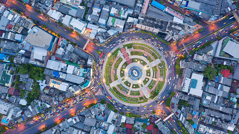 Over-head cityscape with bustling activity